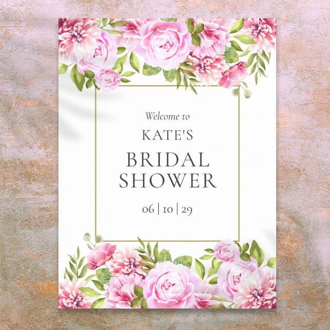 Pink Roses Floral Bridal Shower Welcome Sign (Pink Roses Floral Bridal Shower Welcome Sign)