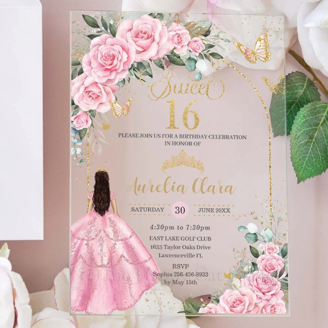 Pink Roses Floral Brunette Girl Gold Sweet Sixteen Acrylic Invitations (Creator Uploaded)
