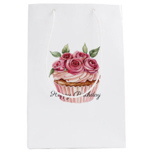 Pink Roses Floral Cupcakes Birthday Medium Gift Bag
