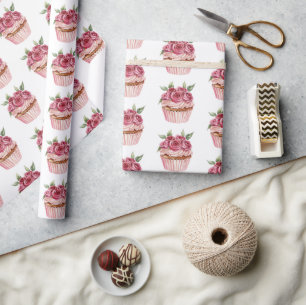 Pink Roses Floral Cupcakes Birthday Wrapping Paper
