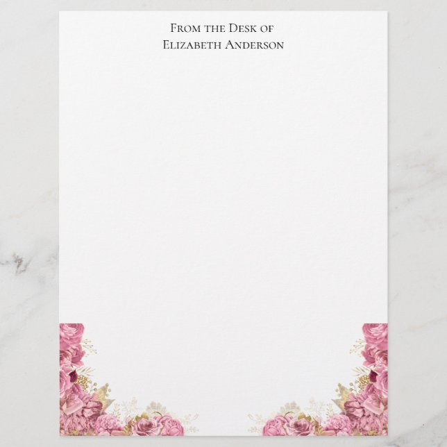 Pink Roses Floral Elegant Personalised Letterhead (Front)