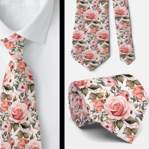 Pink Roses Floral Flowers Tie