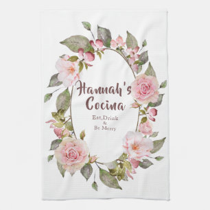 Pink Roses Floral Frame "Cocina" Tea Towel