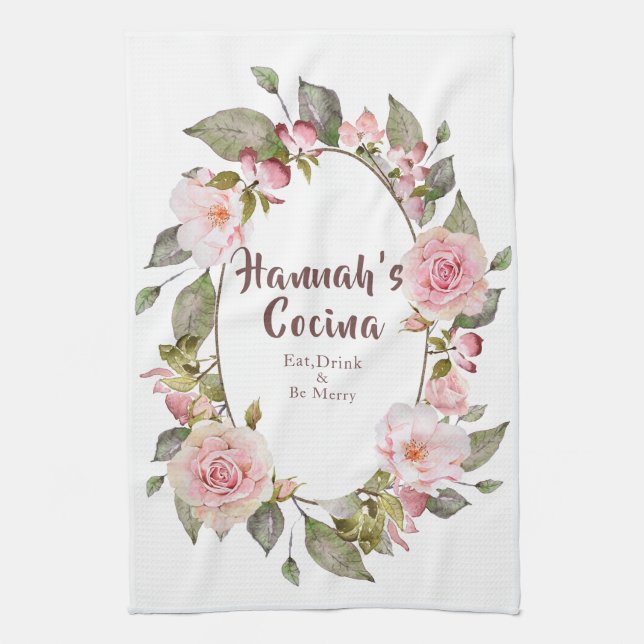 Pink Roses Floral Frame "Cocina" Tea Towel (Vertical)