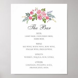 Pink roses. Floral garden wedding drinks bar menu Poster