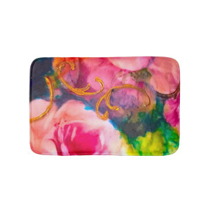 Pink Roses Floral Gold Bath Mat