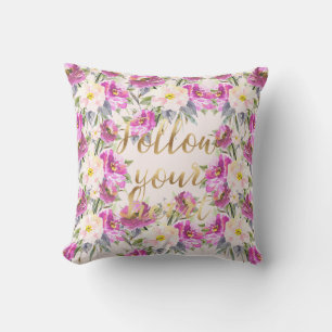 Pink Roses Floral Gold Follow Your Heart Cushion
