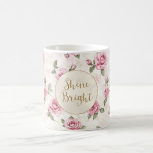 Pink Roses Floral Gold Glitter Shine Bright Coffee Mug
