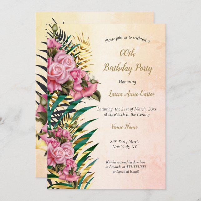 Pink Roses Floral Gold Palms Birthday Party Invitation (Front/Back)