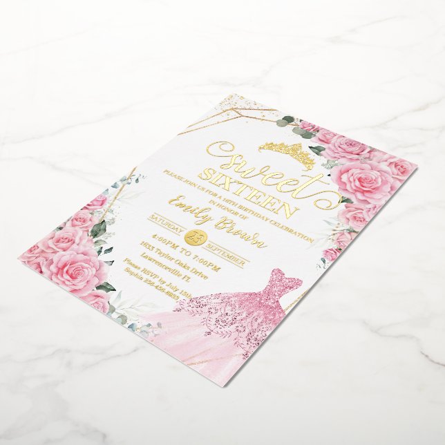 Pink Roses Floral Gold Princess Dress Sweet 16  (Rotated)