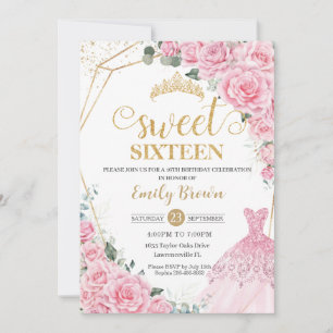 Pink Roses Floral Gold Princess Dress Sweet 16 Invitation
