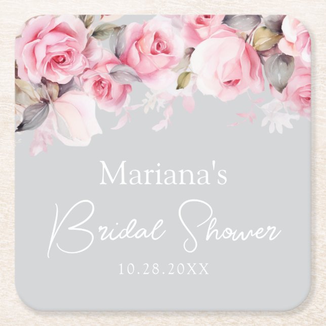 Pink Roses Floral Gray Square Paper Coaster (Front)