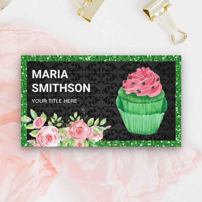 Pink Roses Floral Green Velvet Cupcake Bakery Business Card (Creator Uploaded)