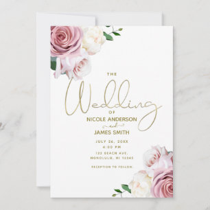 Pink Roses Floral Greenery Minimal Modern Wedding Invitation