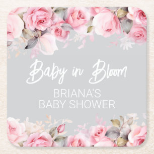 Pink Roses Floral Grey Girl Baby Shower Square Paper Coaster