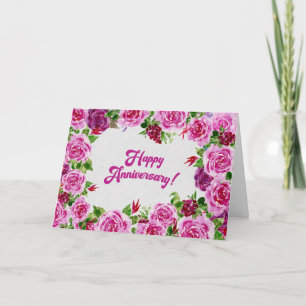 Pink Roses Floral Happy Anniversary Card