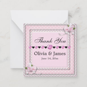 Pink Roses Floral Lace Wedding Thank You Note Card