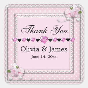 Pink Roses Floral Lace Wedding Thank You Square Sticker