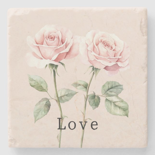 Pink Roses Floral Love Stone Coaster (Front)