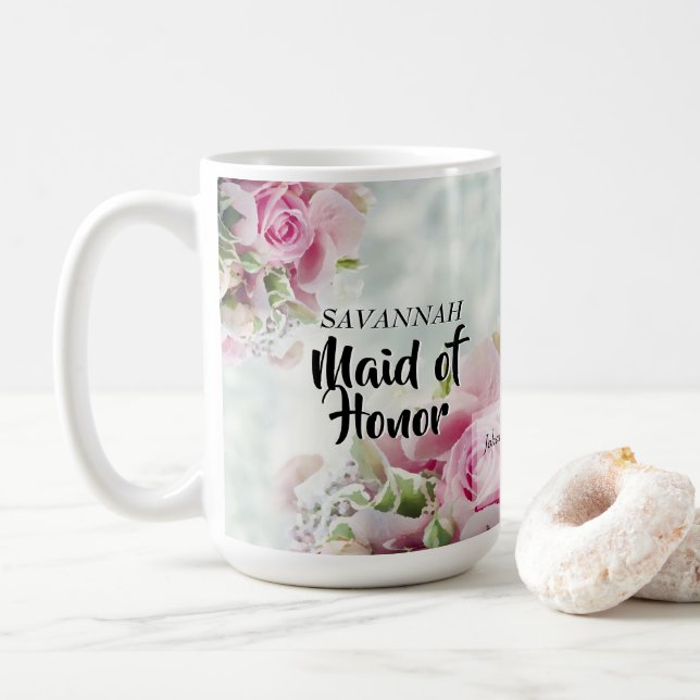 Pink Roses Floral Maid of Honor Wedding Favor Coffee Mug (With Donut)