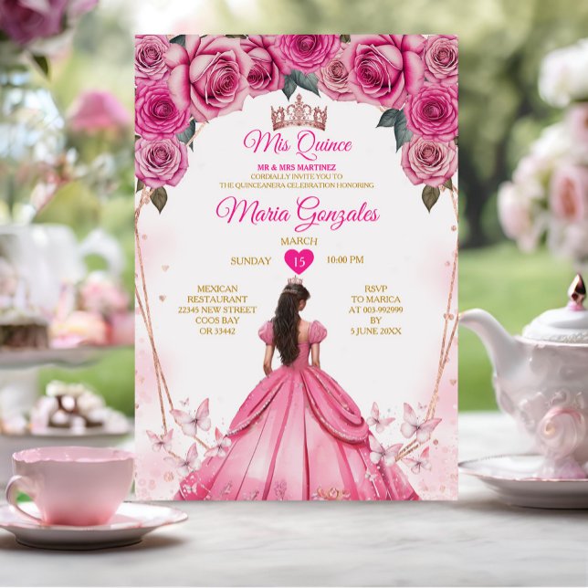 Pink Roses Floral Mis Quince 15 Anos Quinceañera Invitation (Creator Uploaded)