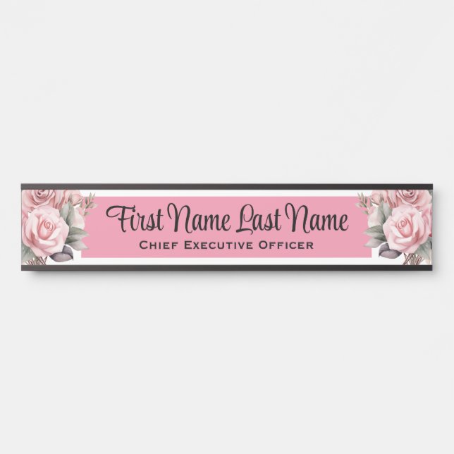 Pink Roses Floral Office Door Signs Name Plate (Front)