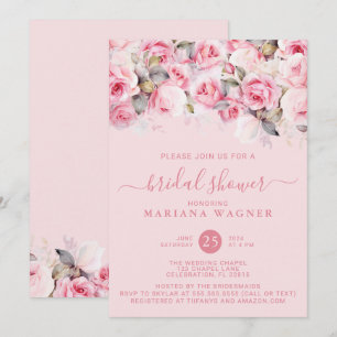 Pink Roses Floral on Light Pink Bridal Shower Invitation