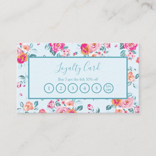 Pink Roses Floral On Mint Loyalty Punch Card (Front)