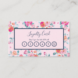 Pink Roses Floral On Navy Blue Loyalty Punch Card