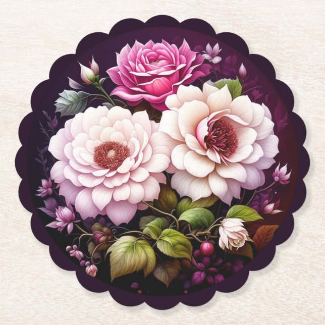 Pink Roses Floral  Paper Coaster (Front)