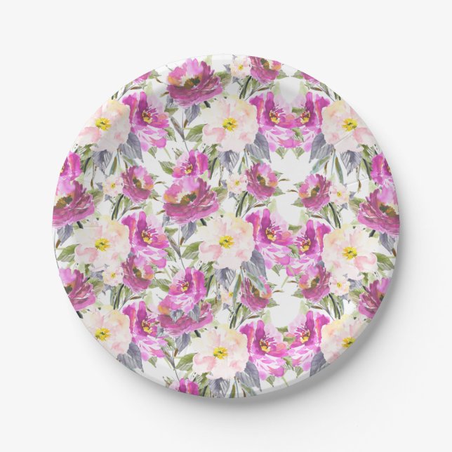 Pink Roses Floral Paper Plate (Front)
