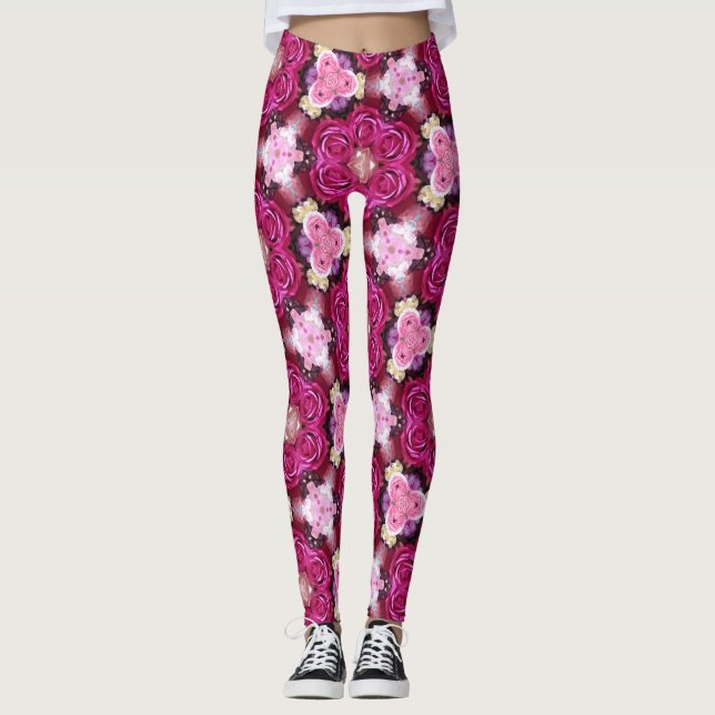 Pink roses floral pattern leggings (Front)