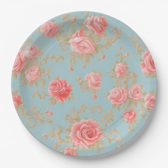 Pink Roses Floral Pattern Paper Plate (Front)