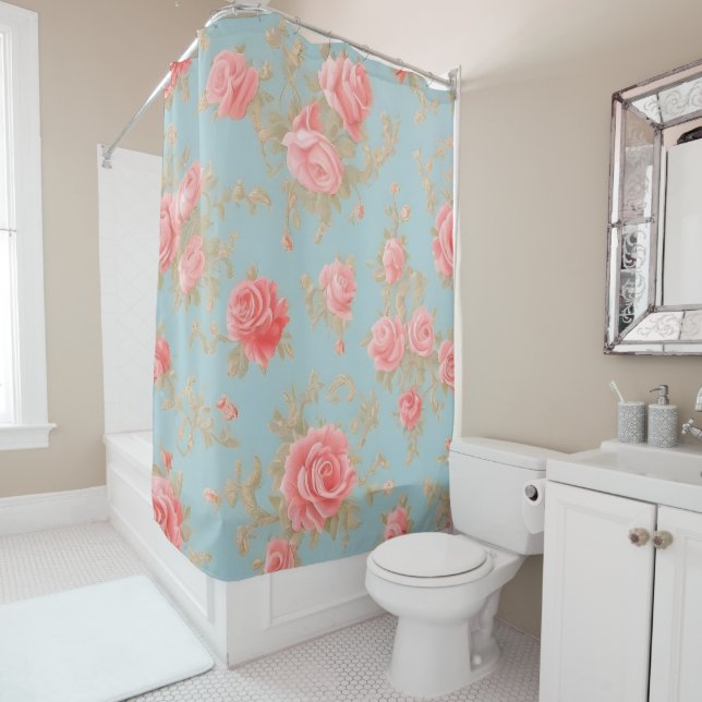 Pink Roses Floral Pattern Shower Curtain (In Situ)