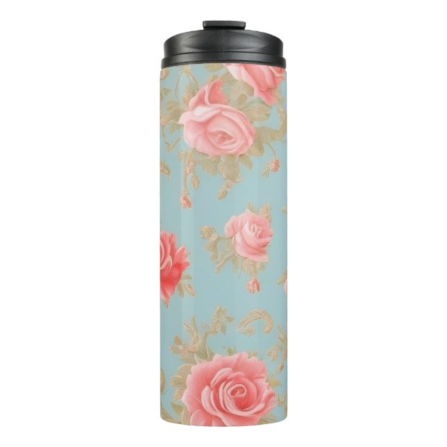 Pink Roses Floral Pattern Thermal Tumbler (Front)