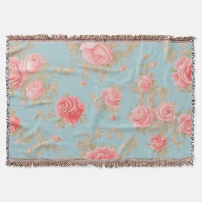 Pink Roses Floral Pattern Throw Blanket (Front)
