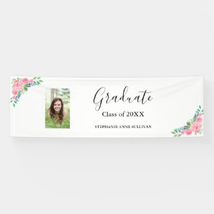 Pink Roses Floral Photo Congrats Graduation Party Banner