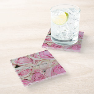 Pink Roses Floral (photography by me) Glass Coaster