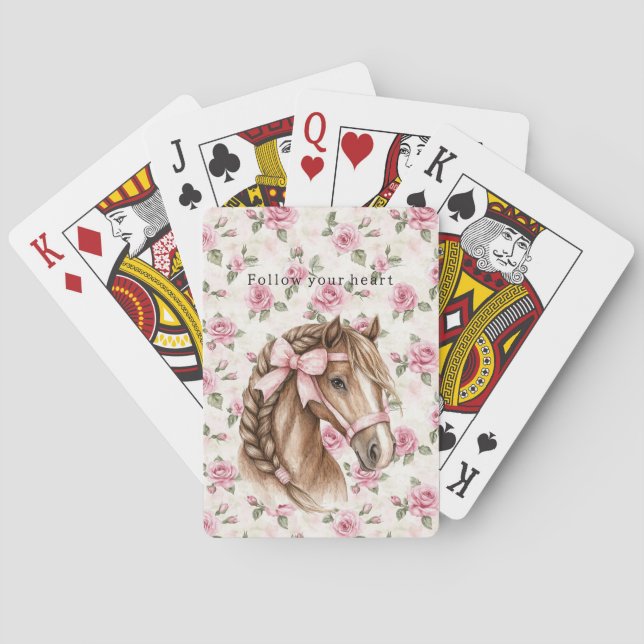 Pink Roses Floral Pretty Horse Pink Bow Playing Cards (Back)
