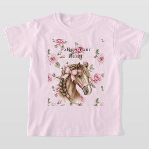Pink Roses Floral Pretty Horse Pink Bow T-Shirt