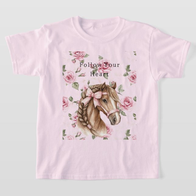 Pink Roses Floral Pretty Horse Pink Bow T-Shirt (Laydown)