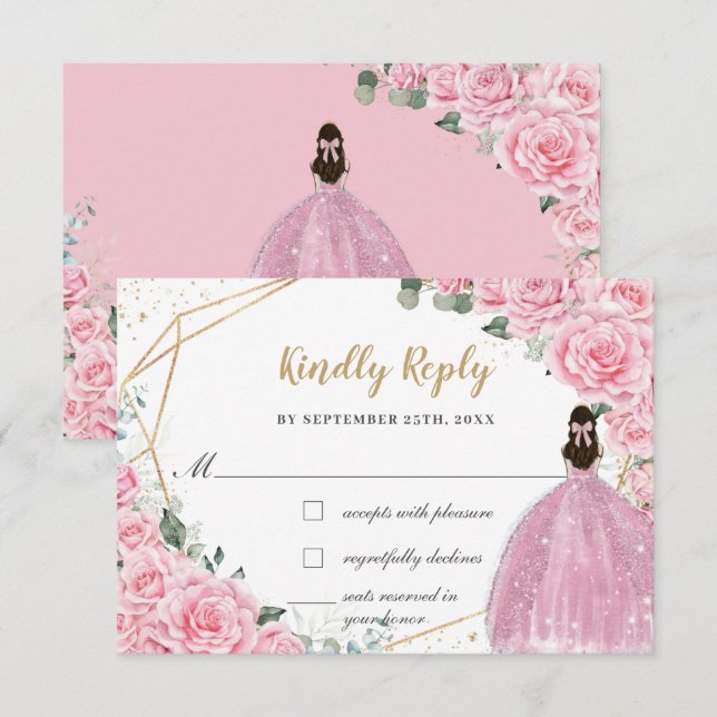 Pink Roses Floral Quinceanera Princess Dress Reply RSVP Card (Front/Back)