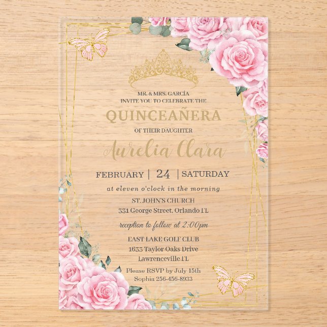 Pink Roses Floral Quinceanera Sweet 16 Butterflies Acrylic Invitations (Front)