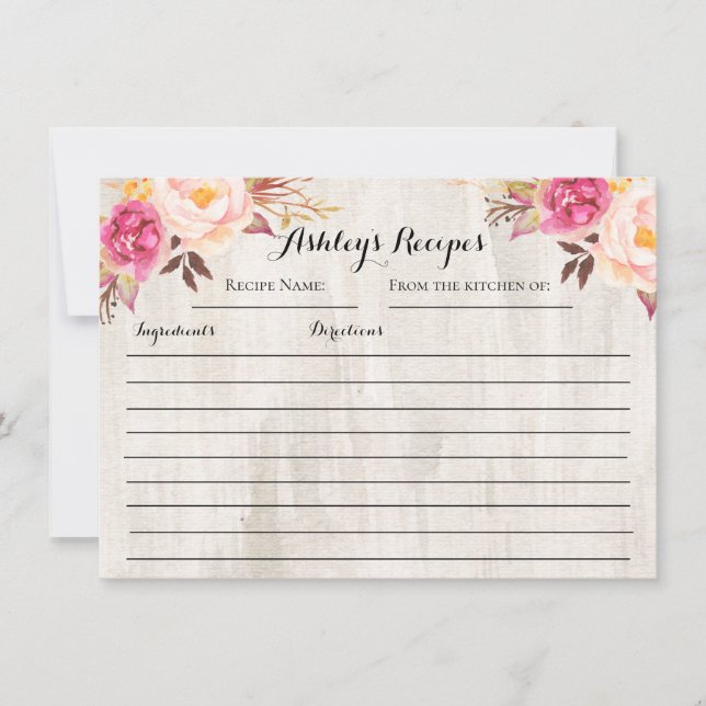 Pink Roses Floral Recipe cards (Front)