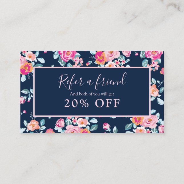 Pink Roses Floral Refer A Friend Referral Card (Front)