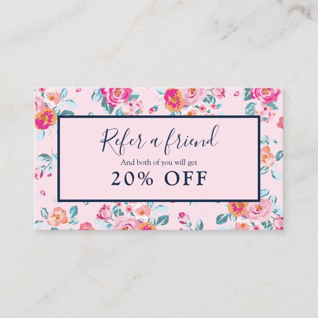 Pink Roses Floral Refer A Friend Referral Card (Front)