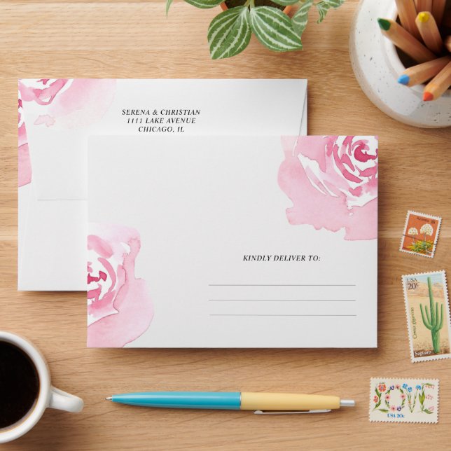 Pink Roses Floral  Return Address A6 Envelope (Desk)