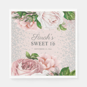 Pink Roses Floral Silver Glitter Sweet 16  Napkin