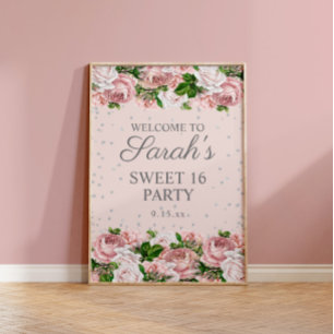 Pink Roses Floral Silver Glitter Sweet 16 Welcome  Poster