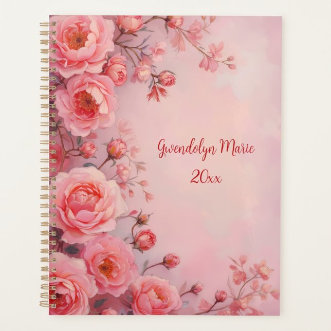 Pink Roses Floral Spiral-Bound Planner Botanical (Front)